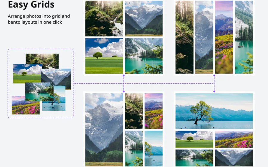 Easy Grids turning a scattered pile of photos into four tidy layouts.