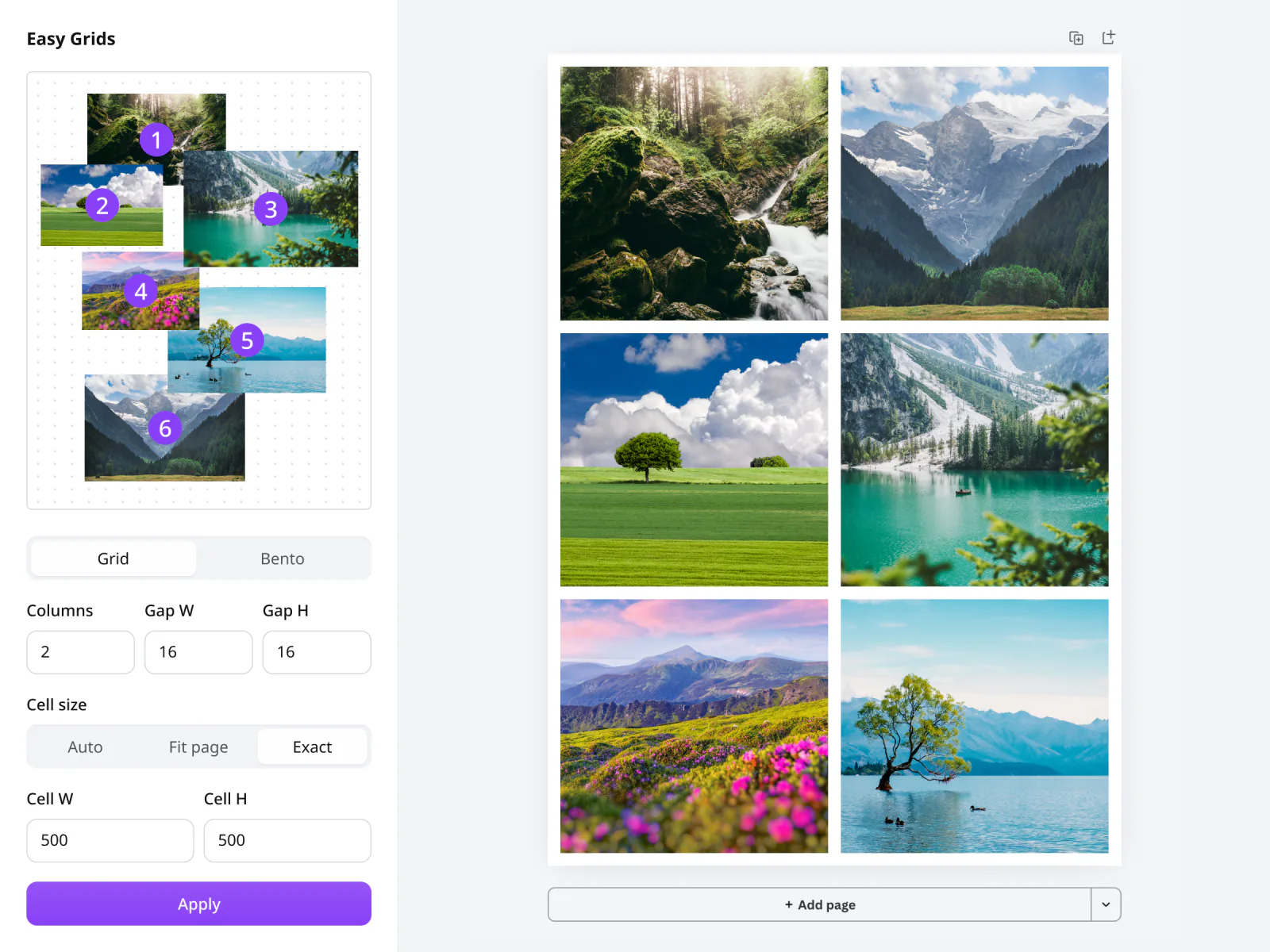 The Easy Grids panel open in Canva: a preview of six numbered images, controls for grid or bento, columns, gaps and cell size, and an Apply button. On the right, the finished two-by-three grid on the canvas.