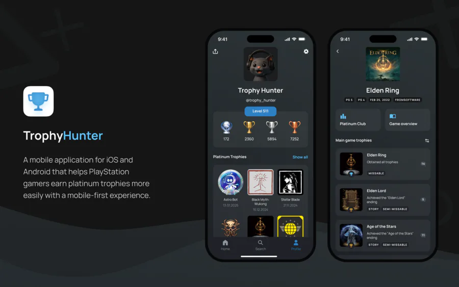 TrophyHunter app showing a player's trophy progress and hints for a game.