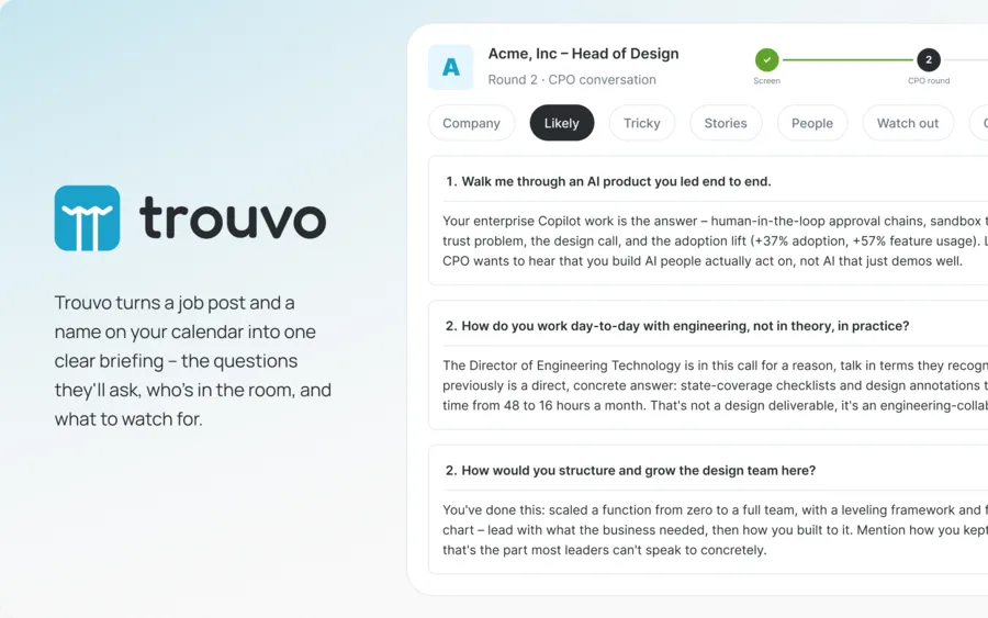 Trouvo showing an interview briefing: likely questions with suggested answers, tabs for the company and people, and the hiring rounds.